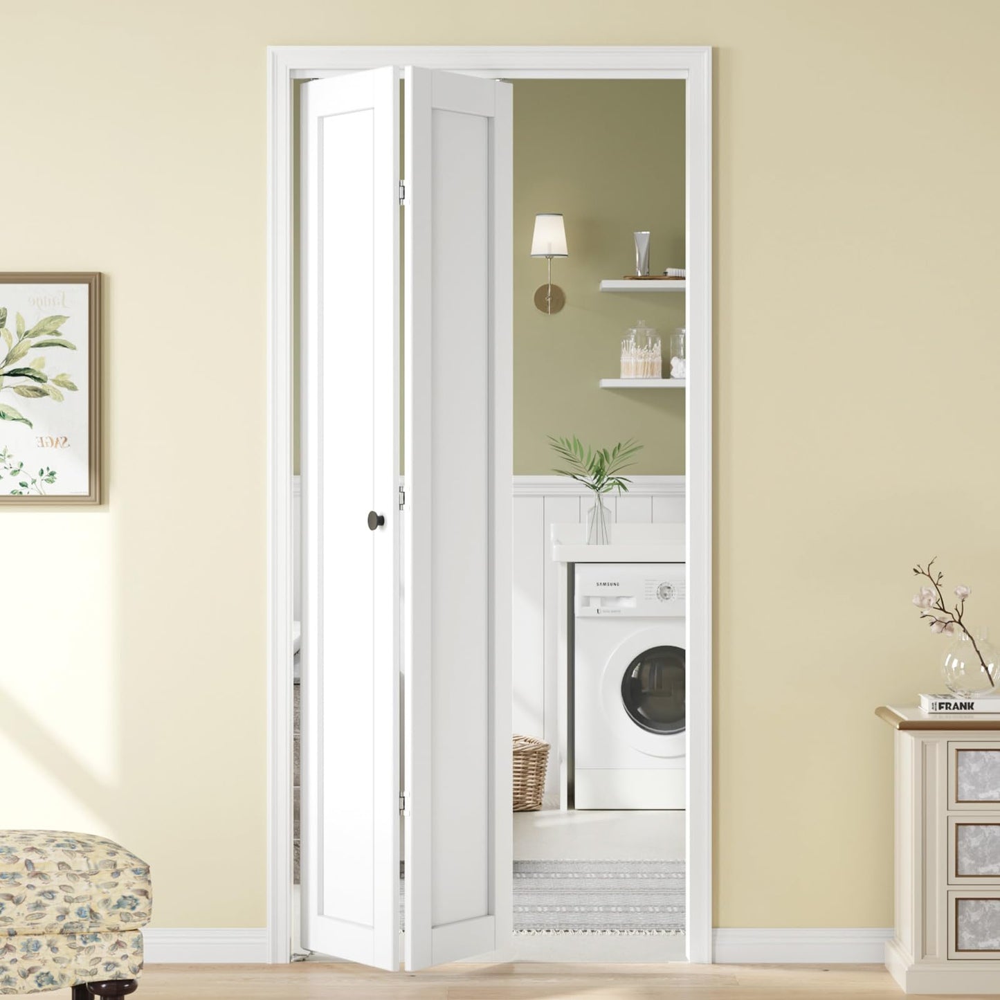 Bifold Doors for 32"x 80" Opening,1-Panel Sliding Interior Closet Folding Barn Door Slab with Concealed Hardware Kit,MDF Wood Panel,White Water-Proof PVC Surface,Preassembled,Easy Installation