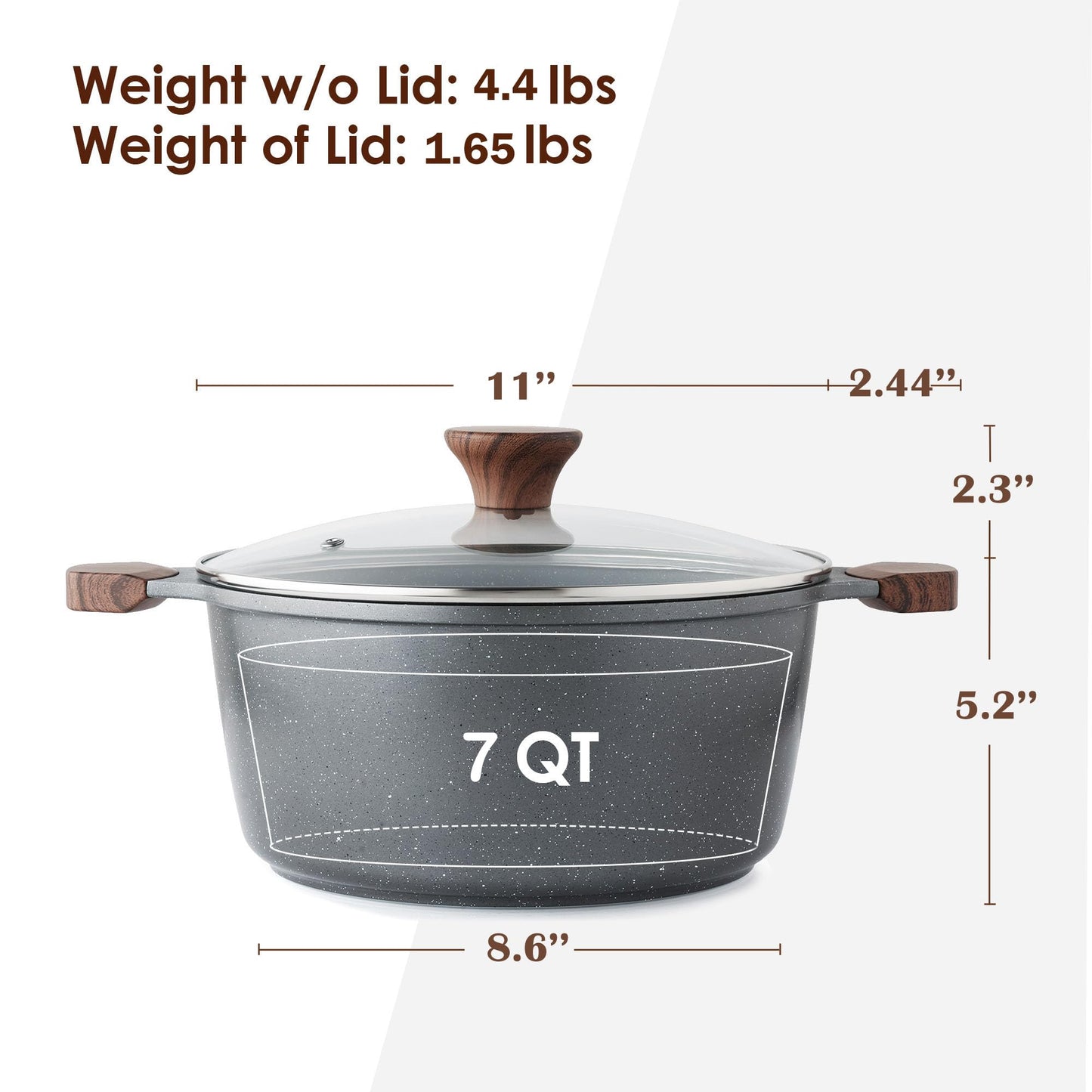 SENSARTE Nonstick Stock Pot with Lid, 7 Qt Induction Cooking Pot with Tempered Glass Lid, Stew Pot with Swiss Nonstick Granite Coating, Pasta Casserole, PFOA PFOS APEO Free, Gray