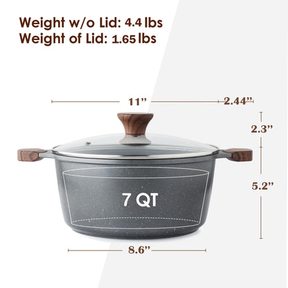 SENSARTE Nonstick Stock Pot with Lid, 7 Qt Induction Cooking Pot with Tempered Glass Lid, Stew Pot with Swiss Nonstick Granite Coating, Pasta Casserole, PFOA PFOS APEO Free, Gray