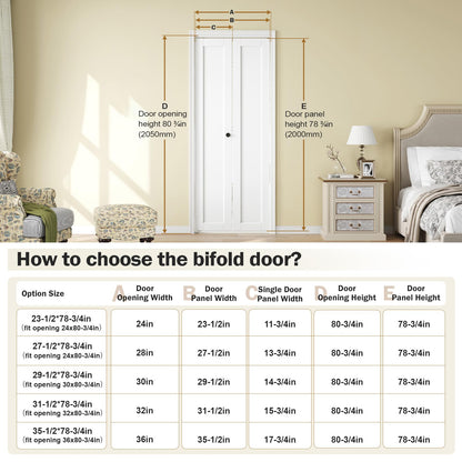 Bifold Doors for 32"x 80" Opening,1-Panel Sliding Interior Closet Folding Barn Door Slab with Concealed Hardware Kit,MDF Wood Panel,White Water-Proof PVC Surface,Preassembled,Easy Installation