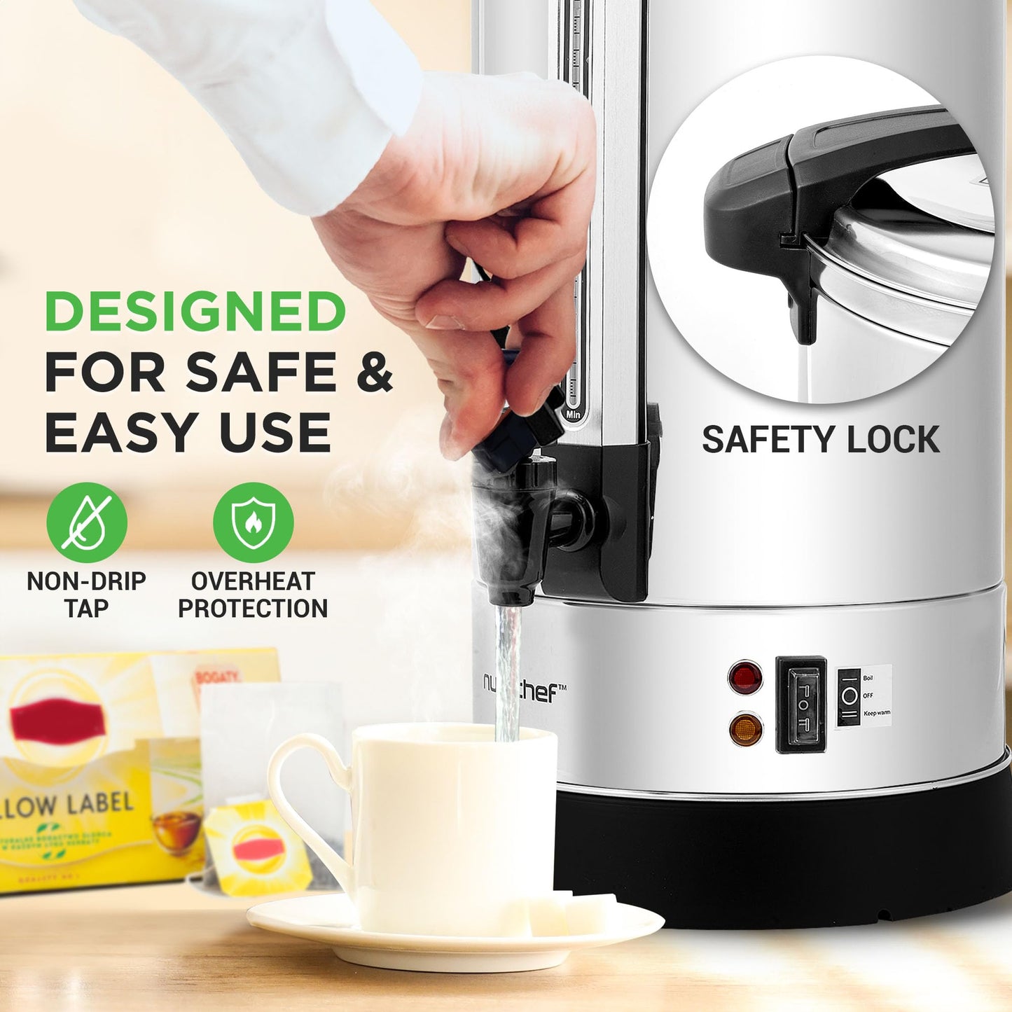 NutriChef Electric Water Boiler and Warmer - 4L/4.2Qt Stainless Steel Electric Hot Water Dispenser w/Rotating Base, Auto Shut Off, Safety Lock, Instant Heating for Coffee & Tea (NCHUB24)