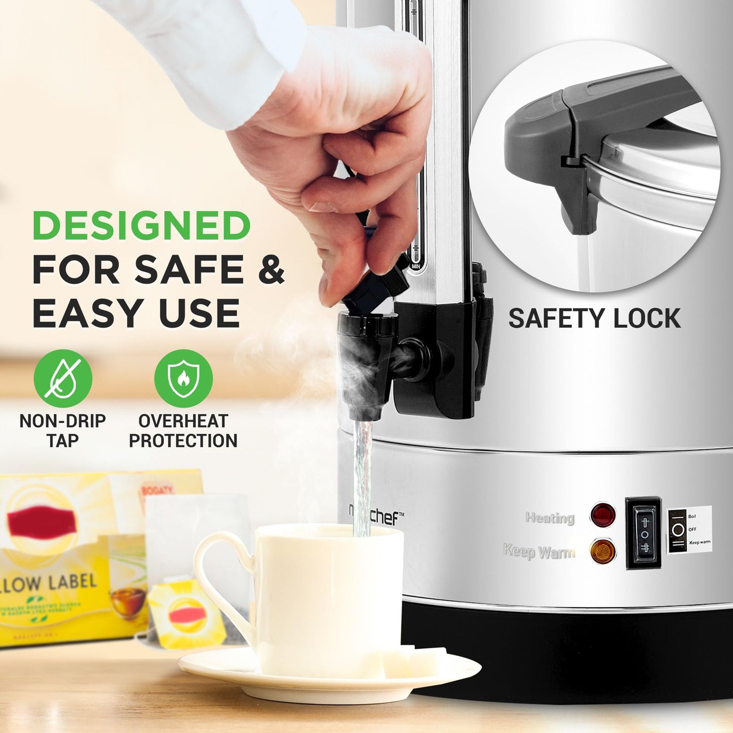 NutriChef Electric Water Boiler and Warmer - 4L/4.2Qt Stainless Steel Electric Hot Water Dispenser w/Rotating Base, Auto Shut Off, Safety Lock, Instant Heating for Coffee & Tea (NCHUB24)