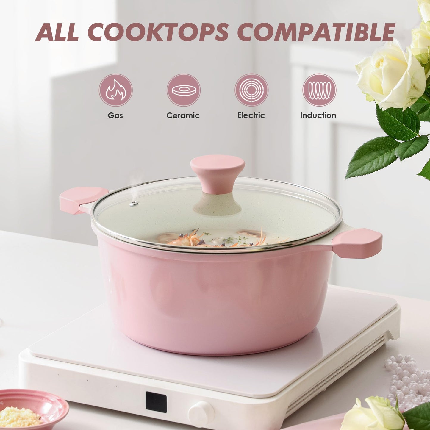 SENSARTE Nonstick Stock Pot with Lid, 7 Qt Induction Cooking Pot with Tempered Glass Lid, Stew Pot with Swiss Nonstick Granite Coating, Pasta Casserole, PFOA PFOS APEO Free, Gray