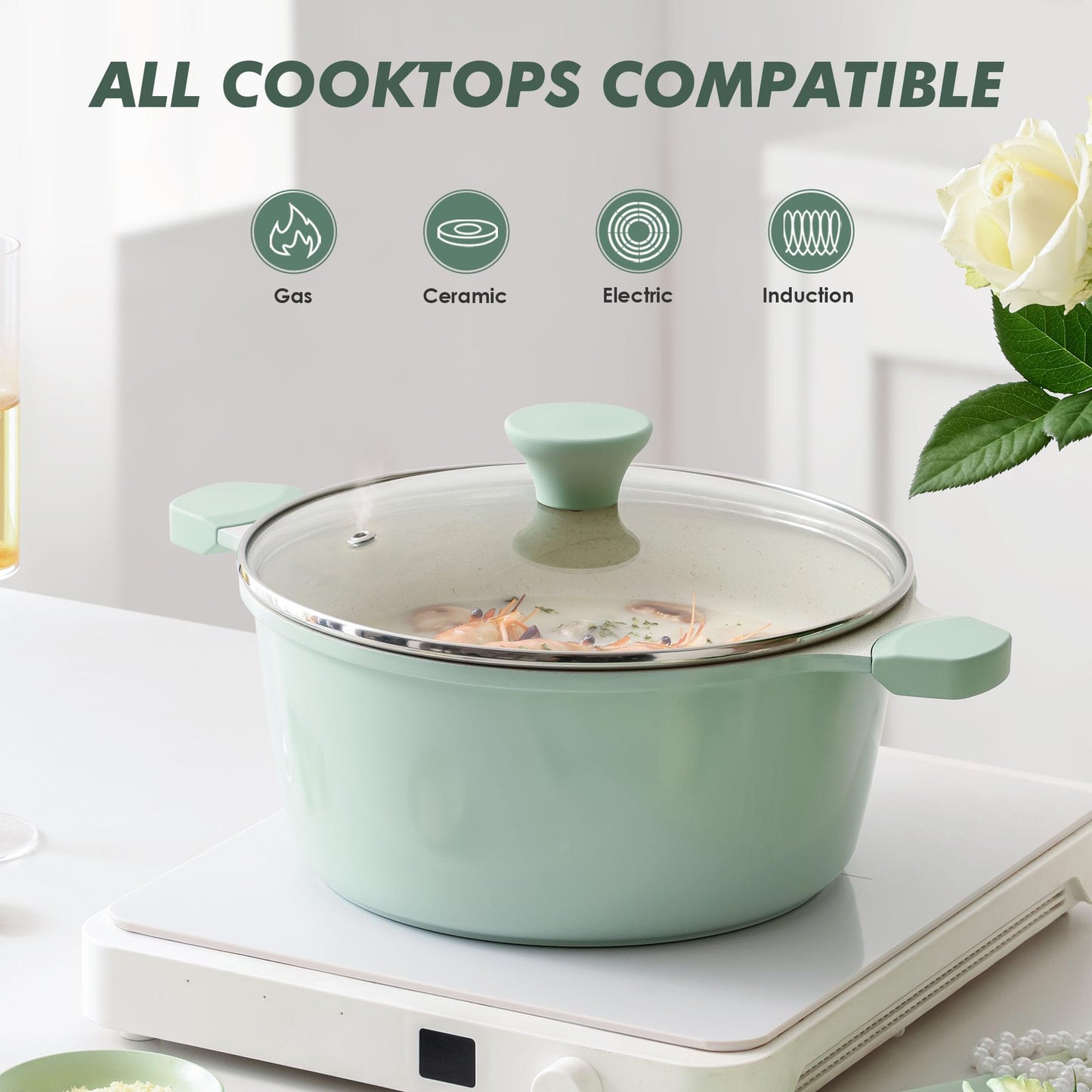 SENSARTE Nonstick Stock Pot with Lid, 7 Qt Induction Cooking Pot with Tempered Glass Lid, Stew Pot with Swiss Nonstick Granite Coating, Pasta Casserole, PFOA PFOS APEO Free, Gray