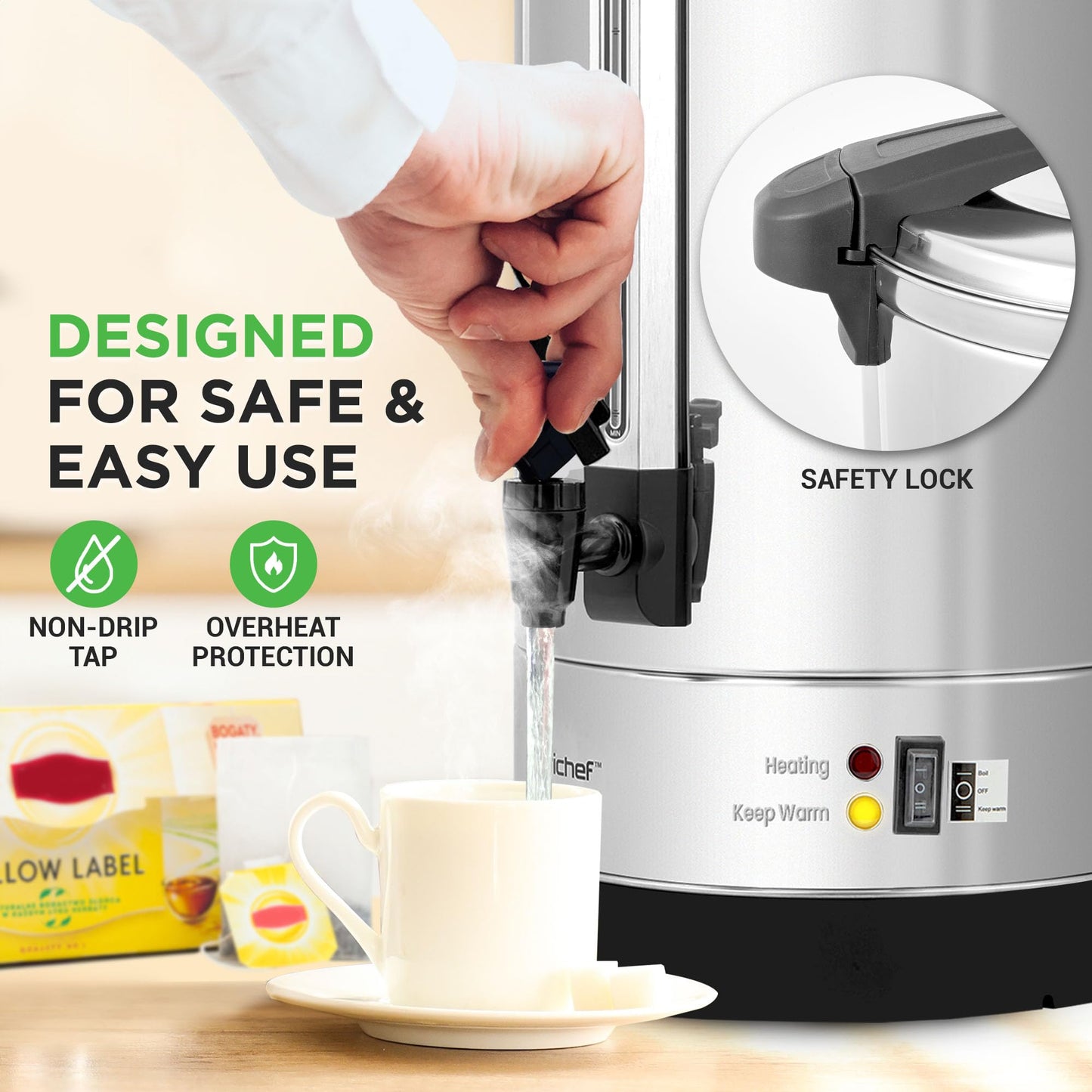 NutriChef Electric Water Boiler and Warmer - 4L/4.2Qt Stainless Steel Electric Hot Water Dispenser w/Rotating Base, Auto Shut Off, Safety Lock, Instant Heating for Coffee & Tea (NCHUB24)