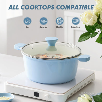 SENSARTE Nonstick Stock Pot with Lid, 7 Qt Induction Cooking Pot with Tempered Glass Lid, Stew Pot with Swiss Nonstick Granite Coating, Pasta Casserole, PFOA PFOS APEO Free, Gray