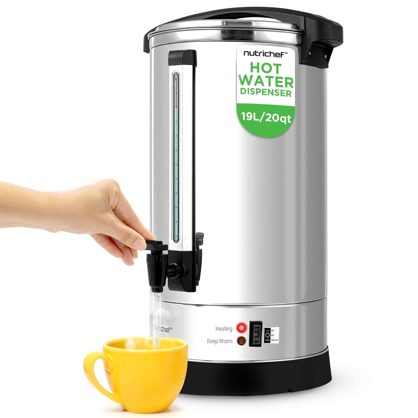 NutriChef Electric Water Boiler and Warmer - 4L/4.2Qt Stainless Steel Electric Hot Water Dispenser w/Rotating Base, Auto Shut Off, Safety Lock, Instant Heating for Coffee & Tea (NCHUB24)