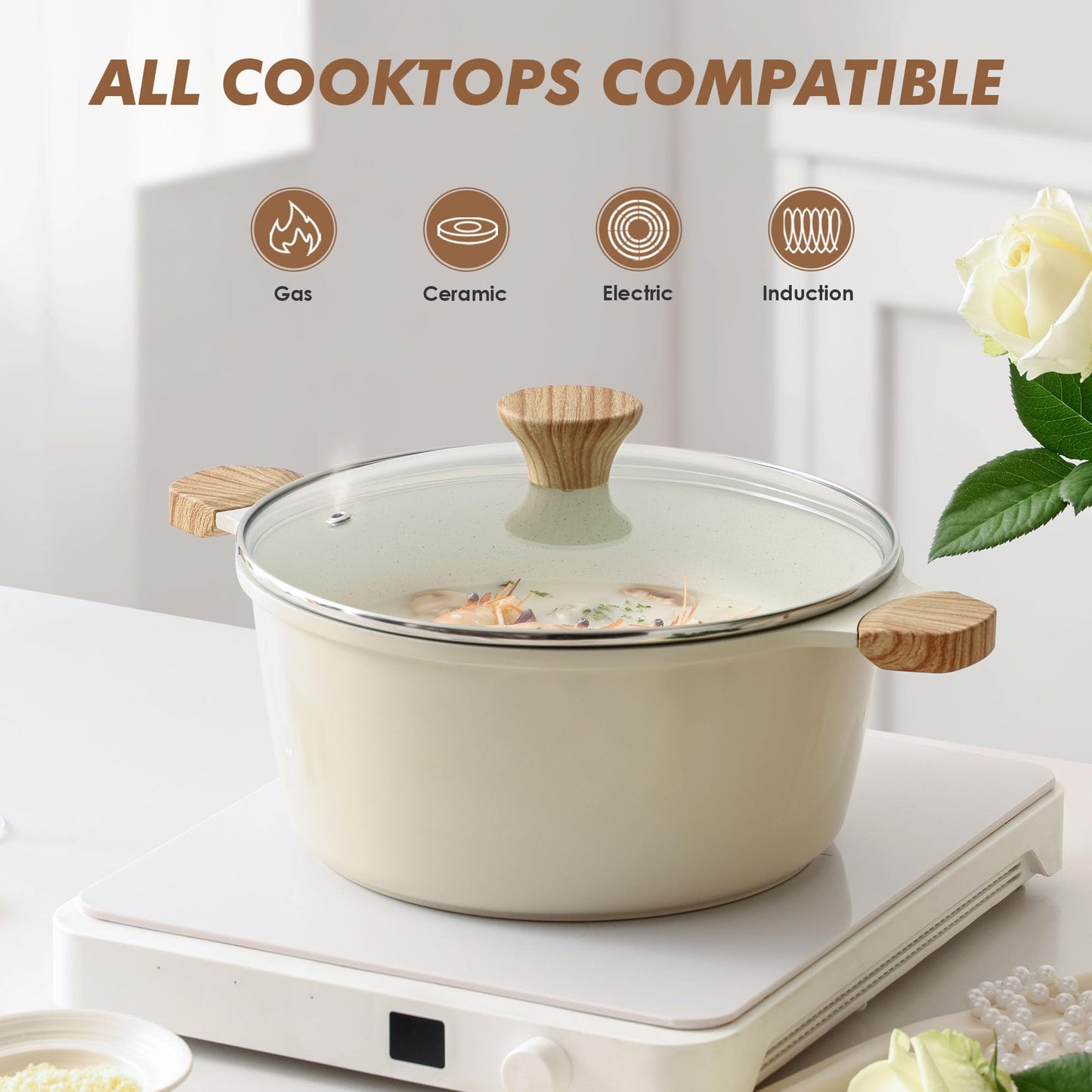 SENSARTE Nonstick Stock Pot with Lid, 7 Qt Induction Cooking Pot with Tempered Glass Lid, Stew Pot with Swiss Nonstick Granite Coating, Pasta Casserole, PFOA PFOS APEO Free, Gray