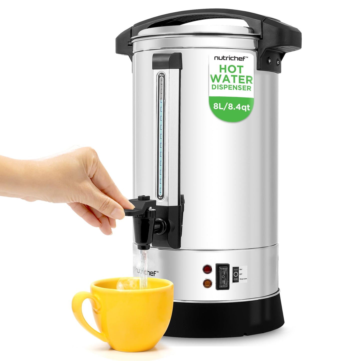NutriChef Electric Water Boiler and Warmer - 4L/4.2Qt Stainless Steel Electric Hot Water Dispenser w/Rotating Base, Auto Shut Off, Safety Lock, Instant Heating for Coffee & Tea (NCHUB24)
