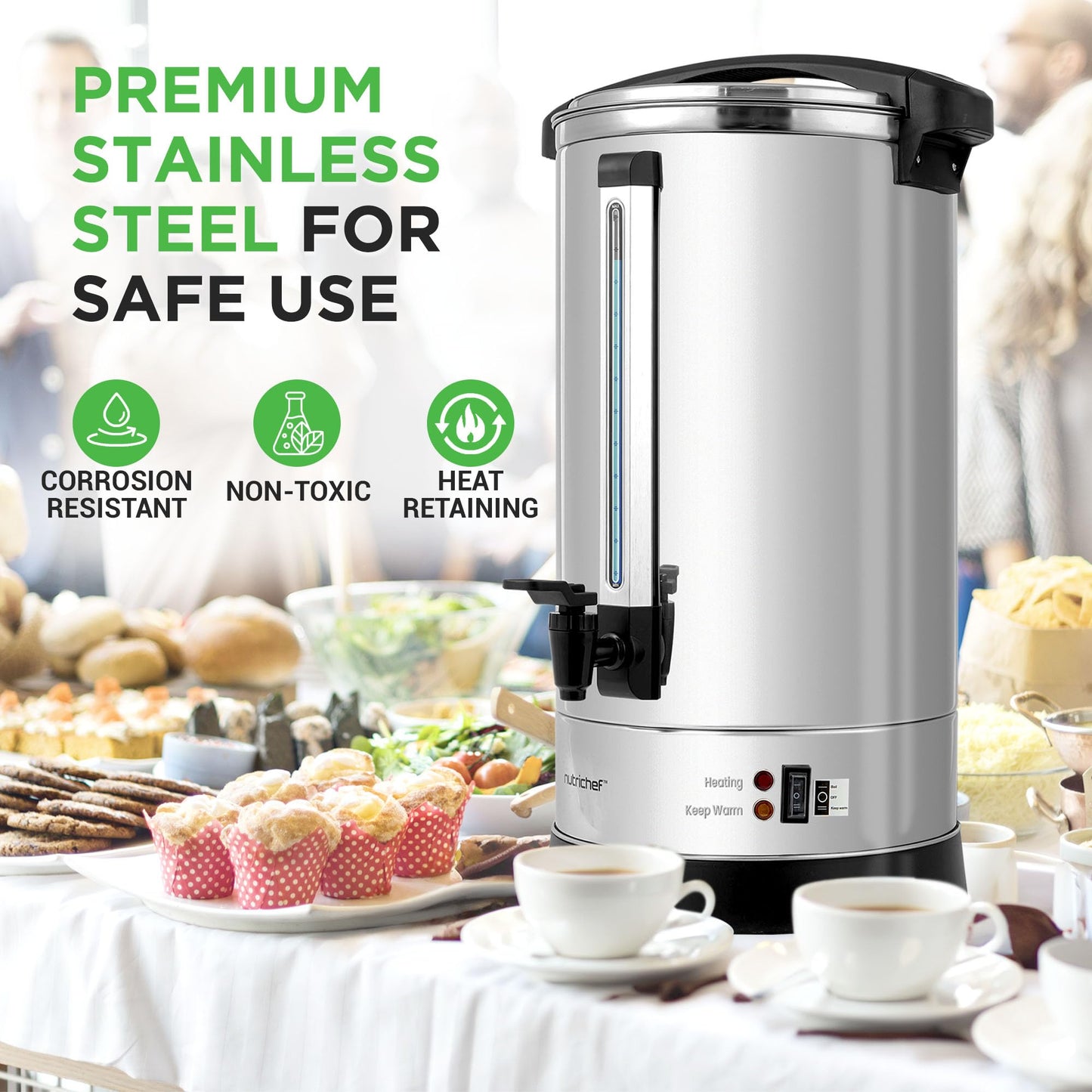 NutriChef Electric Water Boiler and Warmer - 4L/4.2Qt Stainless Steel Electric Hot Water Dispenser w/Rotating Base, Auto Shut Off, Safety Lock, Instant Heating for Coffee & Tea (NCHUB24)