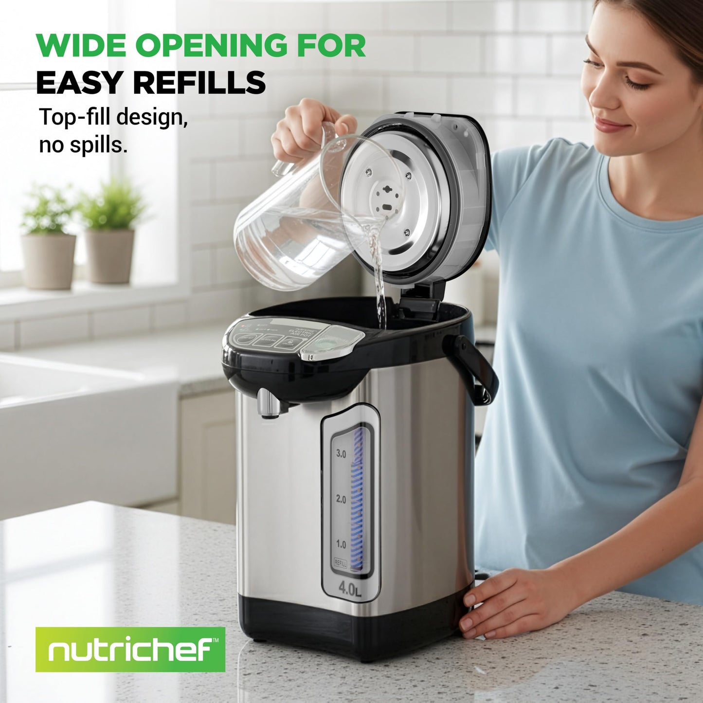 NutriChef Electric Water Boiler and Warmer - 4L/4.2Qt Stainless Steel Electric Hot Water Dispenser w/Rotating Base, Auto Shut Off, Safety Lock, Instant Heating for Coffee & Tea (NCHUB24)
