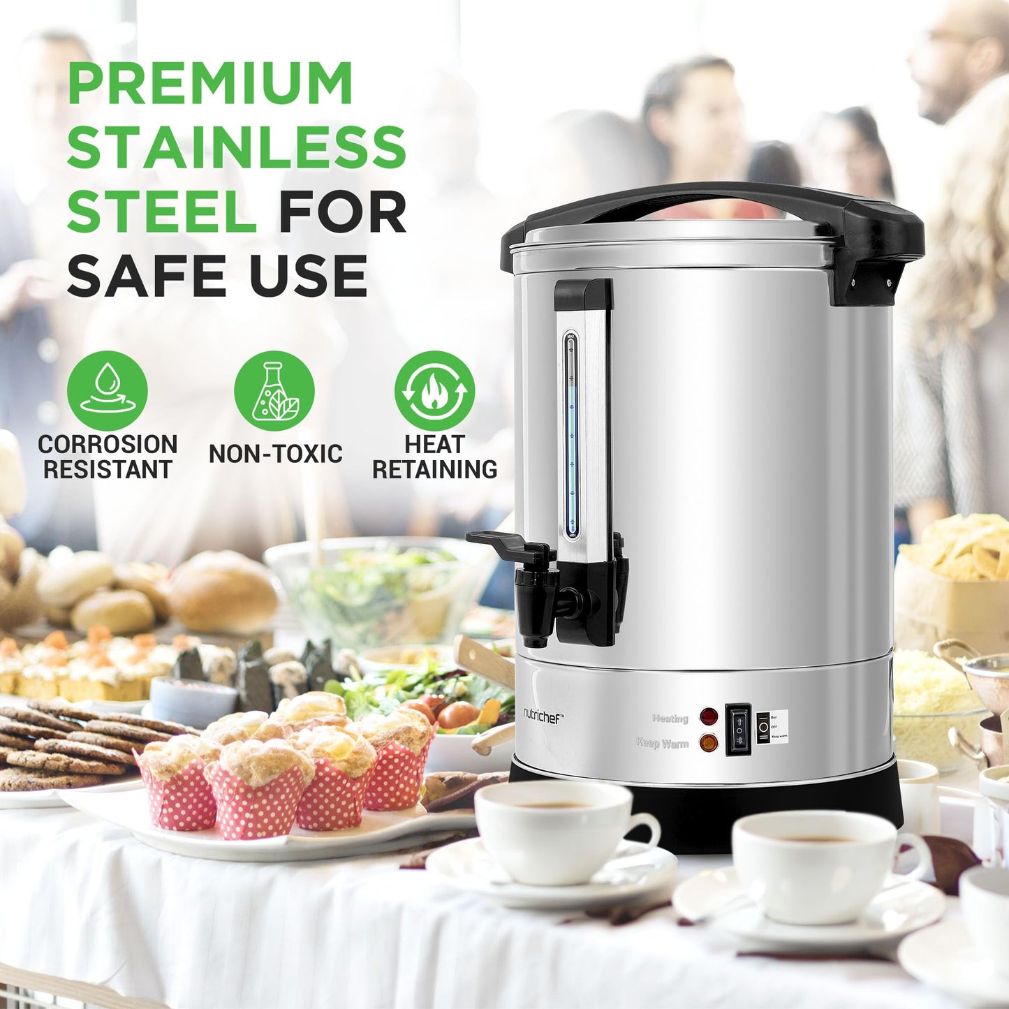 NutriChef Electric Water Boiler and Warmer - 4L/4.2Qt Stainless Steel Electric Hot Water Dispenser w/Rotating Base, Auto Shut Off, Safety Lock, Instant Heating for Coffee & Tea (NCHUB24)