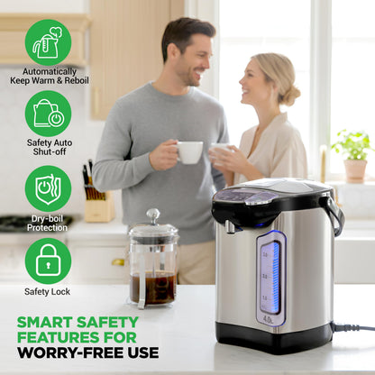 NutriChef Electric Water Boiler and Warmer - 4L/4.2Qt Stainless Steel Electric Hot Water Dispenser w/Rotating Base, Auto Shut Off, Safety Lock, Instant Heating for Coffee & Tea (NCHUB24)