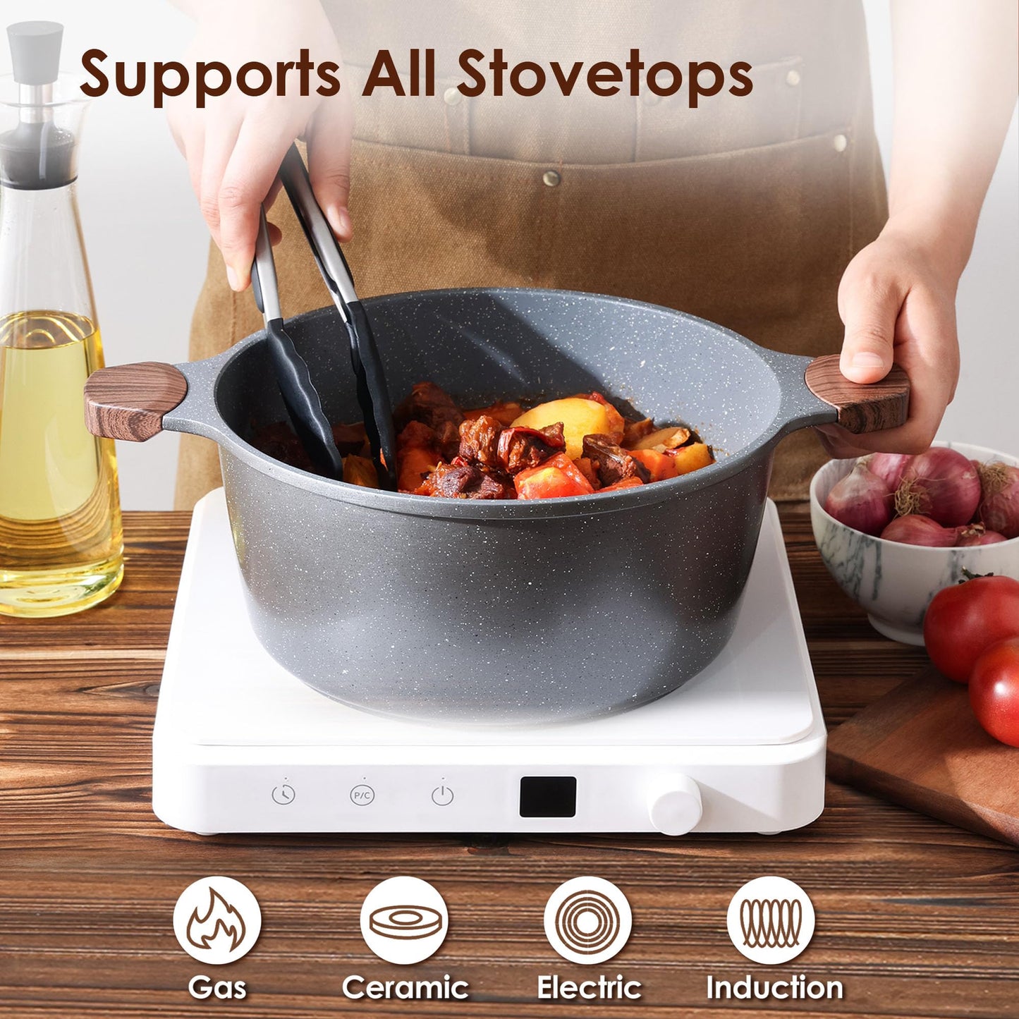 SENSARTE Nonstick Stock Pot with Lid, 7 Qt Induction Cooking Pot with Tempered Glass Lid, Stew Pot with Swiss Nonstick Granite Coating, Pasta Casserole, PFOA PFOS APEO Free, Gray