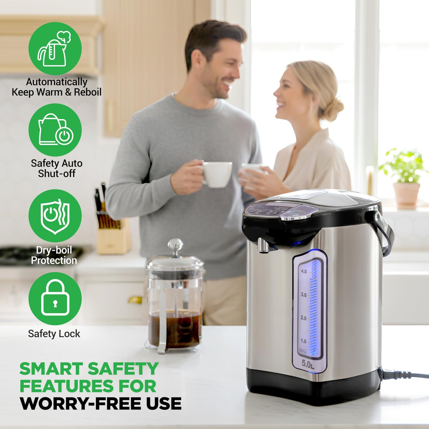 NutriChef Electric Water Boiler and Warmer - 4L/4.2Qt Stainless Steel Electric Hot Water Dispenser w/Rotating Base, Auto Shut Off, Safety Lock, Instant Heating for Coffee & Tea (NCHUB24)